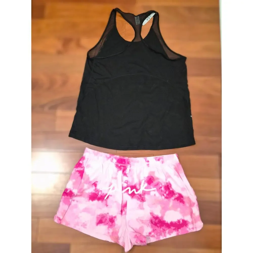 VSX Victoria Secret‎ Active Tank PINK Tie Dye Pajama Boxer Shorts Set L